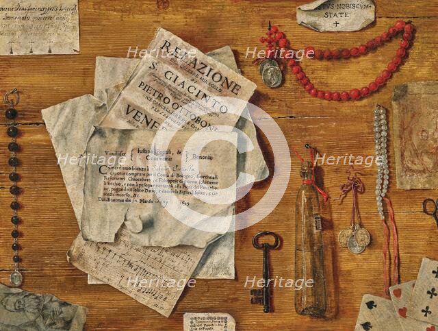Trompe-l'oeil with several sheets of paper, a key, playing cards and objects attached to a..., 1711. Creator: Bordoni, Egidio Maria (active End of 17th-Early 18th cen.).