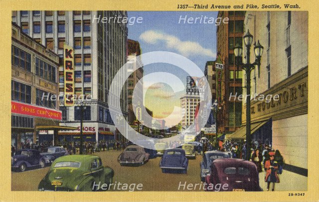 Third Avenue and Pike Street, Seattle, Washington, USA, 1942. Artist: Unknown