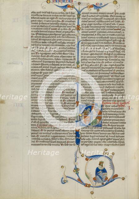 Initial E: Priests and a Man Outside the Walls of a Gothic City; Abbey Bible, about 1250-1262. Creator: Unknown.