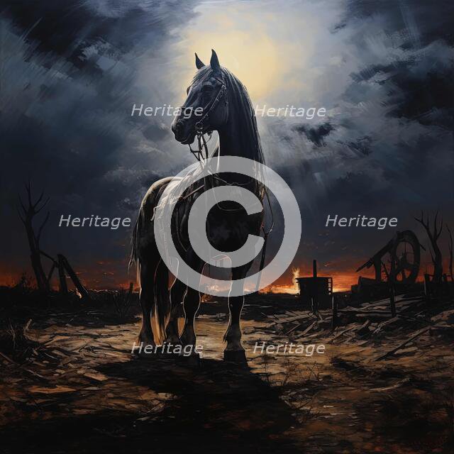 AI IMAGE - Illustration of a horse in a World War I battlefield setting, 2023. Creator: Heritage Images.