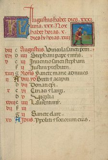 August Calendar Page; Threshing; Book of Hours, about 1460. Creator: Unknown.