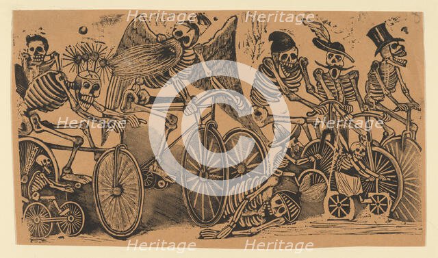 Skeletons (calaveras) riding bicycles, ca. 1900., ca. 1900. Creator: José Guadalupe Posada.