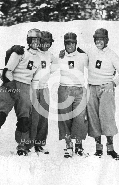 Swiss four man bobsleigh team, Winter Olympic Games, Garmisch-Partenkirchen, Germany, 1936. Artist: Unknown