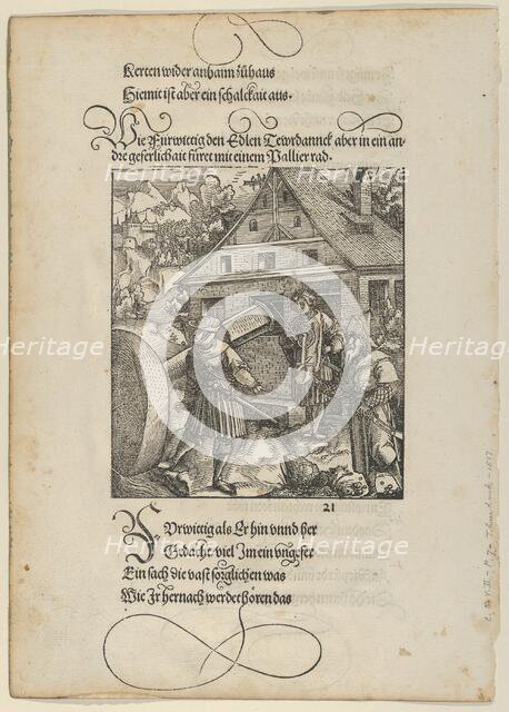Urged by Fürwittig, Theuerdanck Tries to Manipulate a Polishing Stone, from Theuerdanck,..., 1517. Creator: Hans Schäufelein the Elder.