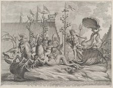 Plate 35: Philip of Spain as Neptune, riding in a chariot drawn by two sea horses; from Gu..., 1636. Creator: Pieter de Jode II.