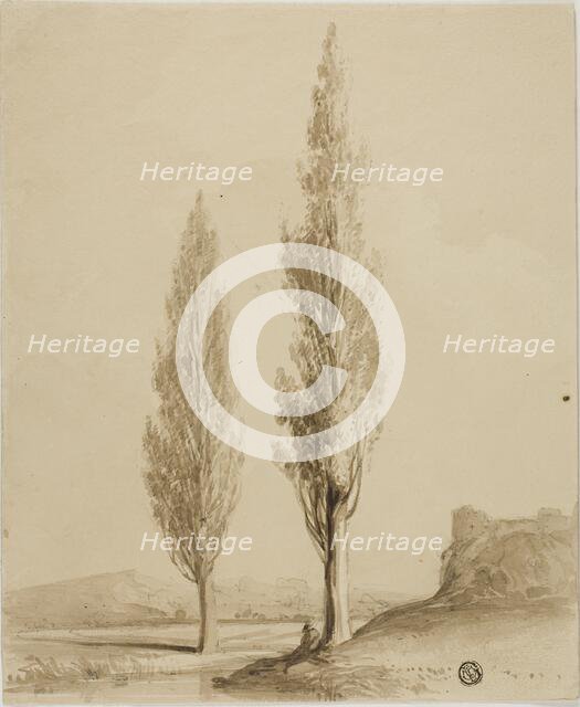 Two Poplars and Seated Figure Beside Stream, n.d. Creator: Unknown.