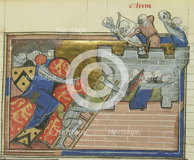 The siege of Shaizar in 1157 (From "Li rommans de Godefroy de Buillon et de Salehadin"), 1337. Creator: Maître de Fauvel (active 1314-1340).