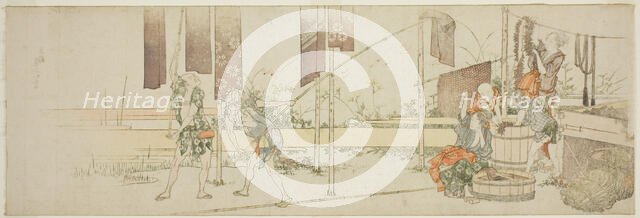 Hanging up dyed cloth, Japan, c. 1805. Creator: Hokusai.