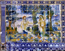 Tile panel with Adam and Eve in the paradise.