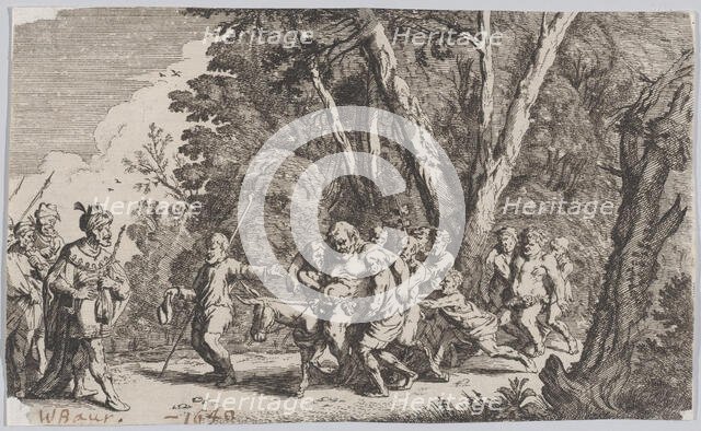 Plate 101: Silenus before King Midas, from 'Ovid's Metamorphoses', 1641. Creator: Johann Wilhelm Baur.