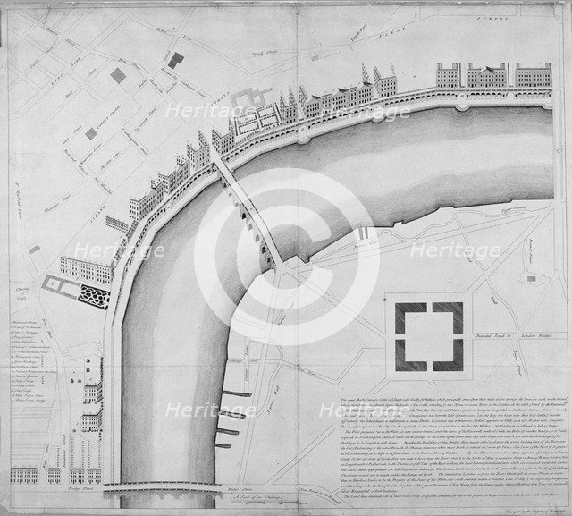 Proposed Thames embankment, London, 1760.                                             Artist: Anon