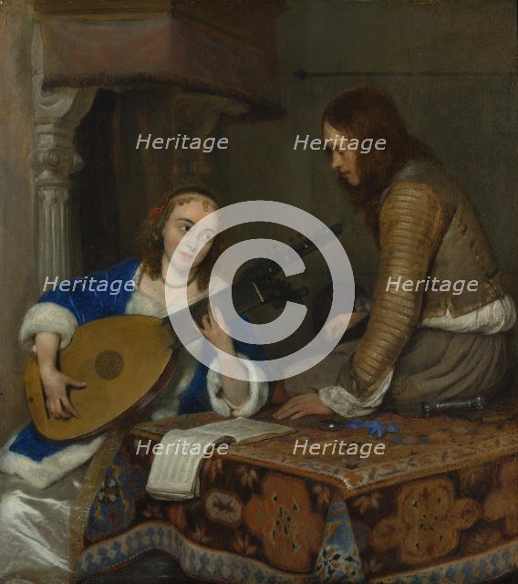 A Woman Playing the Theorbo-Lute and a Cavalier, ca. 1658. Creator: Gerard Terborch II.