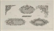 Banknote motifs: six small lathe work designs for corners, frames and numbers, ca. ..., ca. 1824-42. Creator: Durand, Perkins & Co.
