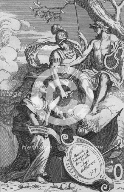 'Musick Introduc'd to Apollo by Minerva, 1727', (1827).  Creator: Unknown.