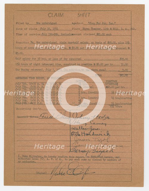 Claim sheet for unpaid salary for orchestra musicians, 1941. Creator: Unknown.