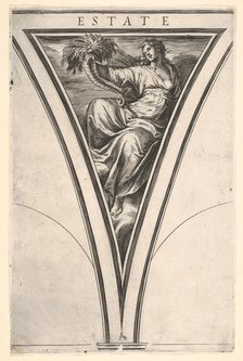 Summer (Estate), represented as a robed woman bearing a horn of plenty, a spandre..., ca. 1570-1615. Creator: Cherubino Alberti.