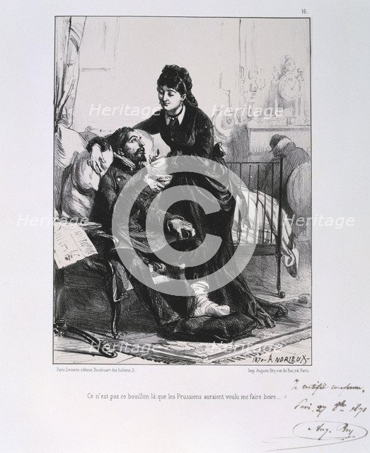 A woman feeding a wounded soldier soup, Siege of Paris, Franco-Prussian War, 1870 (1871). Artist: Auguste Bry