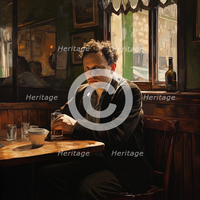 AI IMAGE - Portrait of Dylan Thomas sitting in a pub, 1950s, (2023). Creator: Heritage Images.