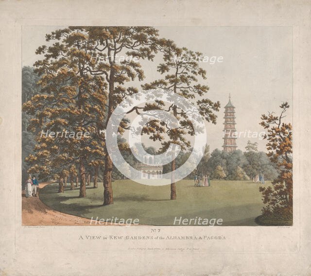 A View in Kew Gardens of the Alhambra and the Pagoda, 1813. Creator: Heinrich Schutz.