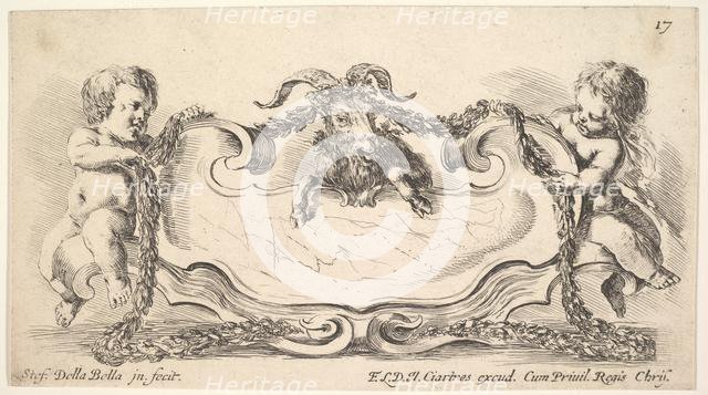 Plate 17: a cartouche with a marble center, an infant on either side holding a garland ove..., 1646. Creator: Stefano della Bella.