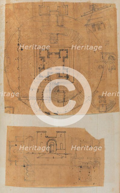 Page from a Scrapbook containing Drawings and Several Prints of Architecture, Int..., ca. 1800-1850. Creators: Workshop of Charles Percier, Workshop of Pierre François Léonard Fontaine.
