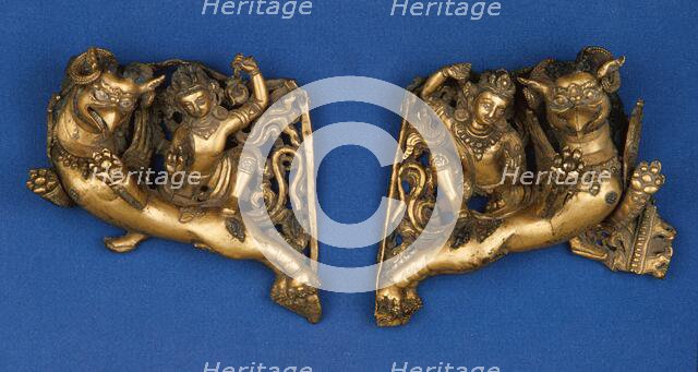 Celestial Rider on Griffin, From a Throne Back (pair), c.1400. Creator: Unknown.