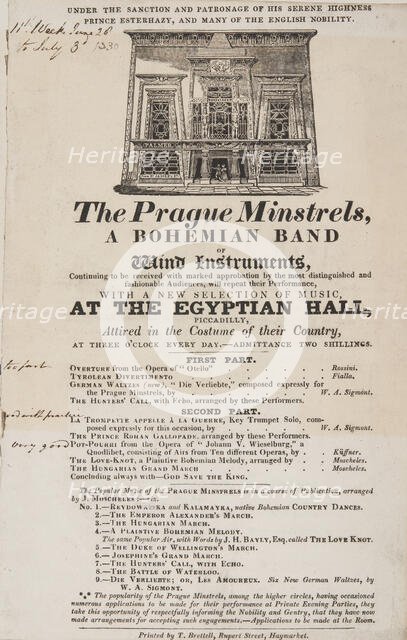 The Prague Minstrels, a Bohemian Band of Wind Instruments, at the Egyptian Hall Piccadilly, 1830. Creator: Unknown.