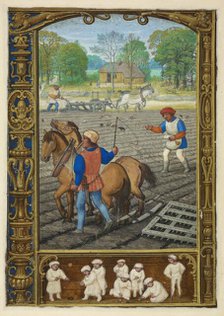 Calendar scene for September: Ploughing, sowing and harrowing, 1520-1530.  Creator: Workshop of Simon Bening.
