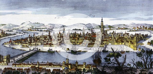 View of the city of Seville with Guadalquivir River, coloured engraving.