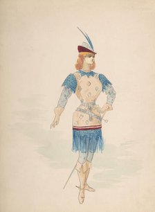 Costume Design for a Cavalier (?) in Blue and Burgundy with Feathered Cap and Sword, n.d.. Creator: Charles Bianchini.