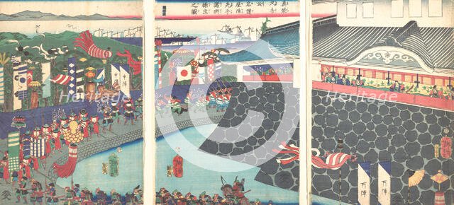 Hideyoshi and His Troops Leaving Nagoya Camp (Mashiba Hideyoshi ko nagoya jin saki..., 19th century. Creator: Tsukioka Yoshitoshi.