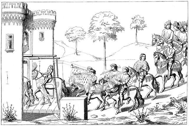 Entrance of the lord chief into the site of the tournament, 15th century (1849). Artist: Unknown