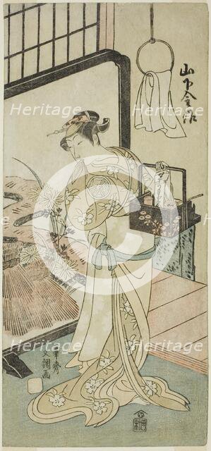 The Actor Yamashita Kinsaku II as Oume, Wife of Kisaku, in the Play Nue no Mori Ichiyo..., c1770. Creator: Ippitsusai Buncho.