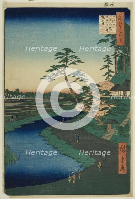 Basho's Hut on Camellia Hill Beside the Aquaduct at Sekiguchi, from the series "One Hundred...,1857. Creator: Ando Hiroshige.