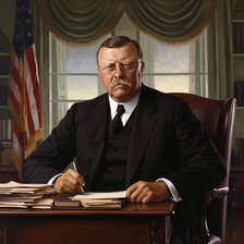 AI IMAGE - Portrait of Theodore Roosevelt sitting at his desk in the White House, 1900s, (2023).  Creator: Heritage Images.