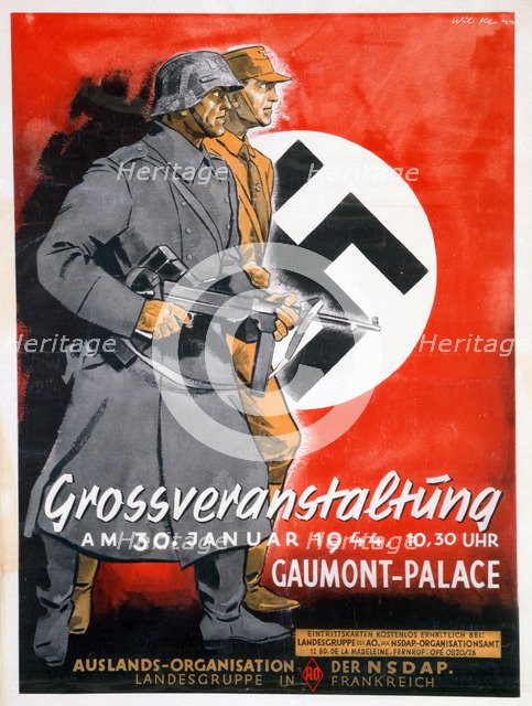 NSDAP poster for a meeting at the Gaumont Palace, France, 30th January 1944. Artist: Unknown