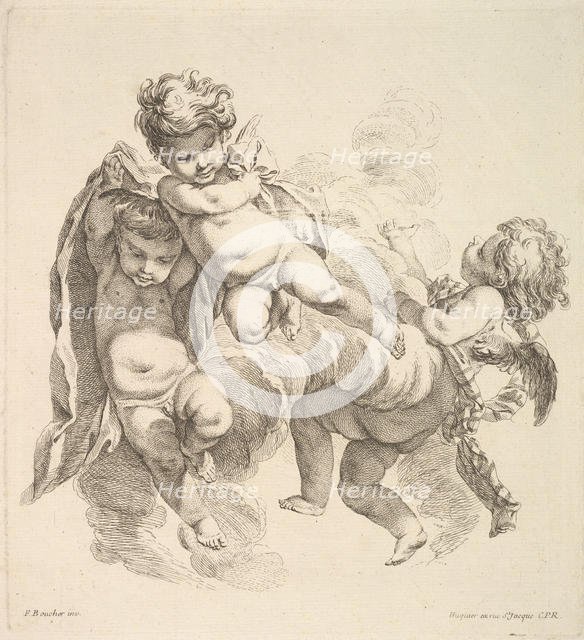 Three Children Among Clouds Carrying a Drapery, 1738-45. Creator: Gabriel Huquier.