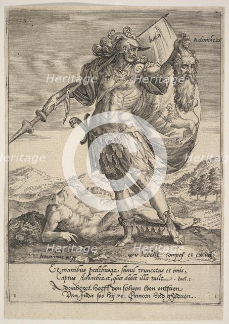 Judah with the Head of Adonibezek, from Willem van Haecht, Tyrannorum proemia, 1578, 1578. Creator: Hieronymous Wierix.