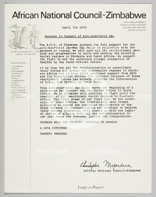 Letter from the African National Council-Zimbabwe, April 7,1976. Creator: Unknown.