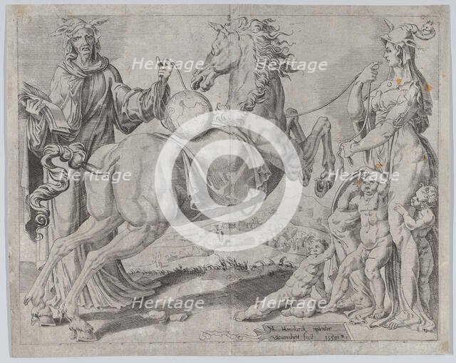 Foolish Knowledge and Foolish Love Trying to Restrain the World, from The Unrestrained Wor..., 1550. Creator: Dirck Volkertsen Coornhert.