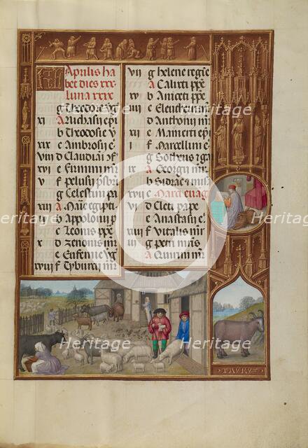April Calendar Page: Milking and Butter Making: Taurus; Spinola Hours, about 1510-1520. Creator: Workshop of the Master of James IV of Scotland.