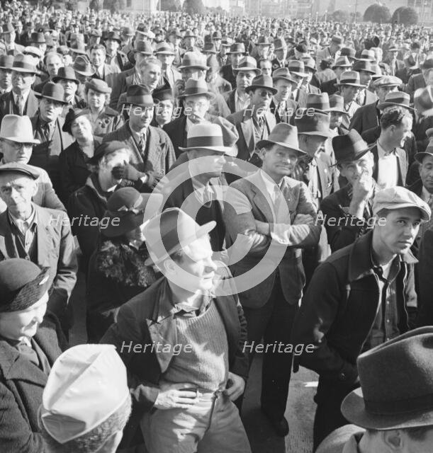 Listening to speeches at mass meeting of WPA workers..., San Francisco, California, 1939. Creator: Dorothea Lange.