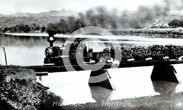 Narrow track train in the fields of Cuba, transporting sugar cane to the factories, photograph 1920.