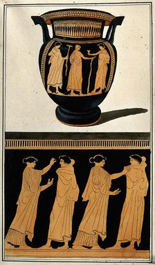 Above, red-figured Greek wine bowl (column krater); below, detail of decoration..., 1760-9. Creator: Augustin Dahlsteen.