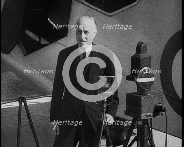 Samuel Hoare Giving a Speech in Front of a Plane, 1930s. Creator: British Pathe Ltd.