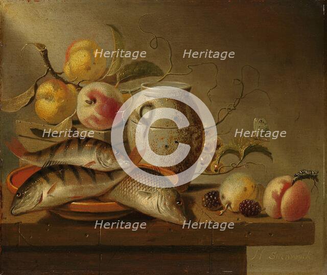Still Life with Earthenware Jar, Fish and Fruit, 1652. Creator: Harmen Steenwijck.