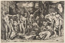 The Skeletons, a group of emaciated men and women gathered around a skeleton laid on th..., 1515-27. Creator: Marco Dente.