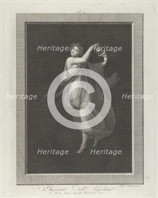 A bacchante, a garland on her head, and playing cymbals, set against a black backgrou..., 1795-1820. Creator: Aloysio Cunego.