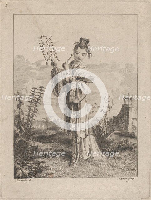 Chinoiserie with a woman playing a musical instrument, from Suite de Figures Chinoises...., 1755-76. Creator: Jean-Pierre Houel.