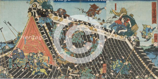 Battle on roof of Horyukaku, from the Play Tale of the Eight Dogs (Hakkenden), 1854. Creator: Utagawa Kunisada II.